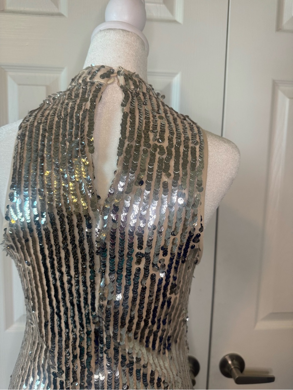 Mademli Boutique NWT Silver Sequin Mini Dress Size Small Nude Mesh Lining - Picture 8 of 9